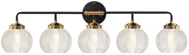 Main image of Bathroom Vanity Light Large 27.2 Long Clear Glass Wall Lamp 5-Light | Mid Century Modern Style Vanity Lights With 5.9Inch Clear Glass Shade E26 Base,Black Gold Finish,Over Mirror Bedroom Hallway