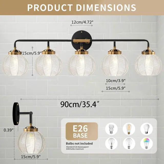 Alt view image 2 of 7 - Bathroom Vanity Light Large 27.2 Long Clear Glass Wall Lamp 5-Light | Mid Century Modern Style Vanity Lights With 5.9Inch Clear Glass Shade E26 Base,Black Gold Finish,Over Mirror Bedroom Hallway