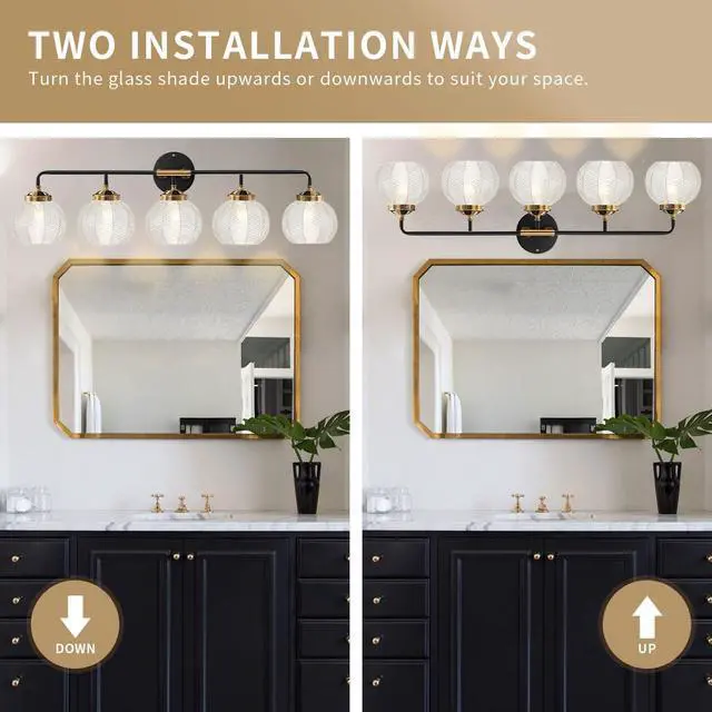 Alt view image 3 of 7 - Bathroom Vanity Light Large 27.2 Long Clear Glass Wall Lamp 5-Light | Mid Century Modern Style Vanity Lights With 5.9Inch Clear Glass Shade E26 Base,Black Gold Finish,Over Mirror Bedroom Hallway