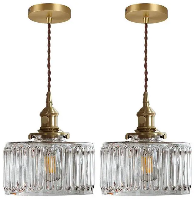 Main image of 2-Pack Vintage Pendant Light Fixture Gold Pendant Lights Fixtures Clear Kitchen Island Ceiling Hanging Light Round Striped Glass Shade Farmhouse Antique Brass Hanging Pendant Lights