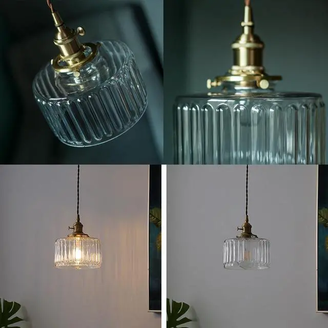 Alt view image 7 of 7 - Small Pendant Light Fixtures One-Light Mid Century Ceiling Hanging Light Clear Striped Glass Shade Gold Pendant Lamp for Living Room Bedroom Dining Room Hallway(Clear)
