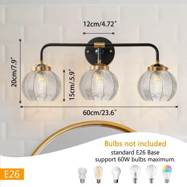 Alt view image 2 of 7 - Bathroom Vanity Light Fixture 3 Light Glass Globe Wall Sconce Lights | Black Wall Mount Light Fixtures with 5.9in Clear Glass Shade, Mid Century Modern Wall Sconce for Over Mirror Bedroom Hallway