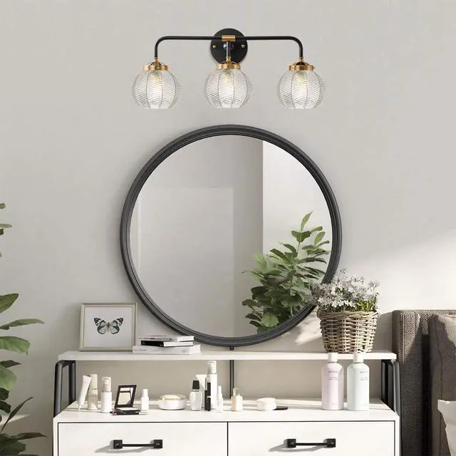 Alt view image 4 of 7 - Bathroom Vanity Light Fixture 3 Light Glass Globe Wall Sconce Lights | Black Wall Mount Light Fixtures with 5.9in Clear Glass Shade, Mid Century Modern Wall Sconce for Over Mirror Bedroom Hallway