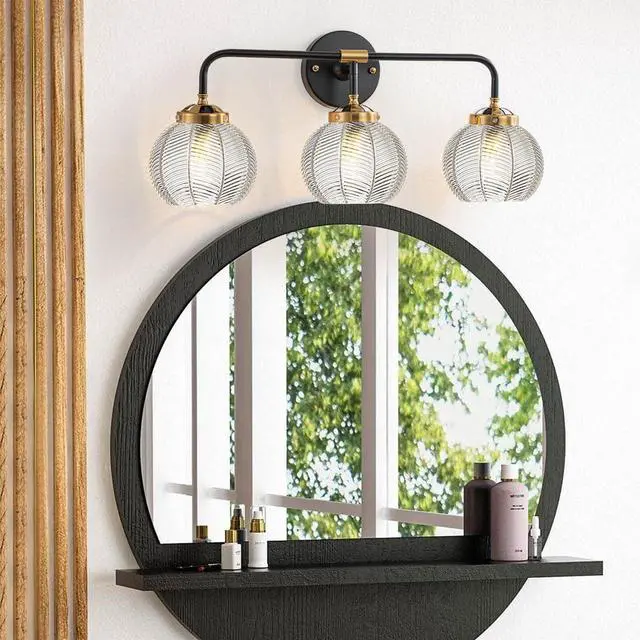 Alt view image 5 of 7 - Bathroom Vanity Light Fixture 3 Light Glass Globe Wall Sconce Lights | Black Wall Mount Light Fixtures with 5.9in Clear Glass Shade, Mid Century Modern Wall Sconce for Over Mirror Bedroom Hallway