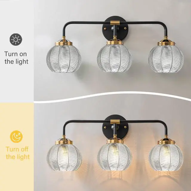 Alt view image 7 of 7 - Bathroom Vanity Light Fixture 3 Light Glass Globe Wall Sconce Lights | Black Wall Mount Light Fixtures with 5.9in Clear Glass Shade, Mid Century Modern Wall Sconce for Over Mirror Bedroom Hallway