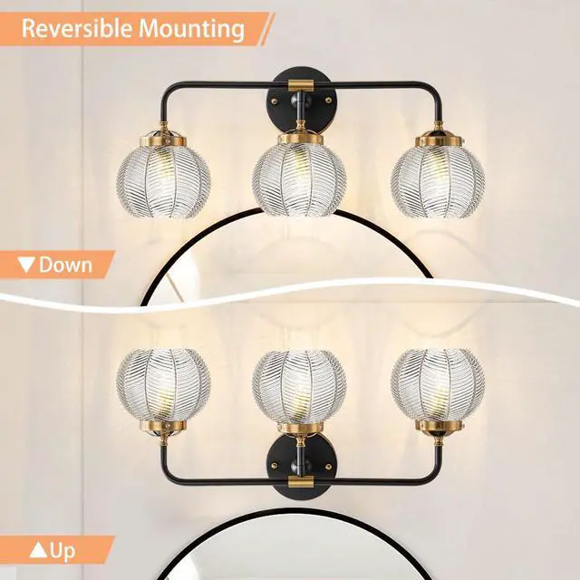 Alt view image 6 of 7 - Bathroom Vanity Light Fixture 3 Light Glass Globe Wall Sconce Lights | Black Wall Mount Light Fixtures with 5.9in Clear Glass Shade, Mid Century Modern Wall Sconce for Over Mirror Bedroom Hallway