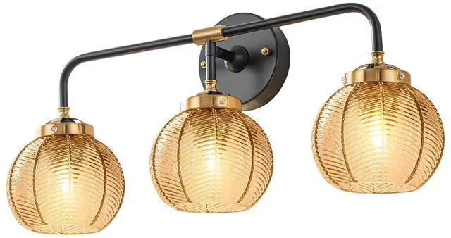 Main image of 3 Light Glass Globe Wall Sconce Lights Amber Mid Century Modern Wall Light Fixtures Bathroom Vanity Lights with Ribbed Glass Shade Black Gold Wall Mount Lamp Over Mirror Bedroom