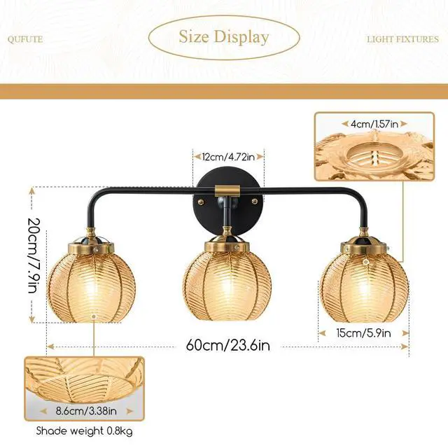Alt view image 2 of 7 - 3 Light Glass Globe Wall Sconce Lights Amber Mid Century Modern Wall Light Fixtures Bathroom Vanity Lights with Ribbed Glass Shade Black Gold Wall Mount Lamp Over Mirror Bedroom