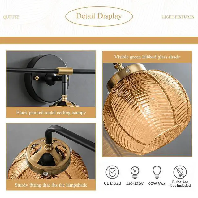 Alt view image 3 of 7 - 3 Light Glass Globe Wall Sconce Lights Amber Mid Century Modern Wall Light Fixtures Bathroom Vanity Lights with Ribbed Glass Shade Black Gold Wall Mount Lamp Over Mirror Bedroom