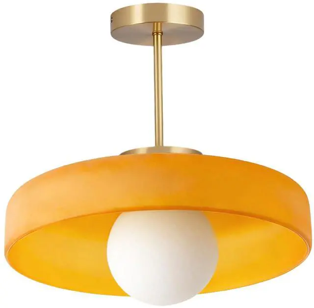 Main image of Large Semi Flush Mount Ceiling Light Fixture 13.8" Vintage Glass Ceiling Lights Orange Dome Shade Antique Gold Brass Finish Mid Century Close to Lights for Kitchen Island Hallway