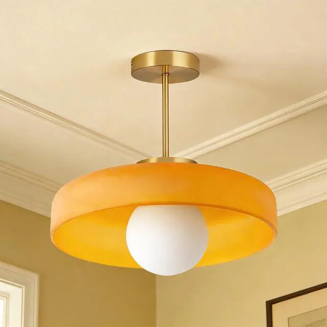 Alt view image 3 of 7 - Large Semi Flush Mount Ceiling Light Fixture 13.8" Vintage Glass Ceiling Lights Orange Dome Shade Antique Gold Brass Finish Mid Century Close to Lights for Kitchen Island Hallway