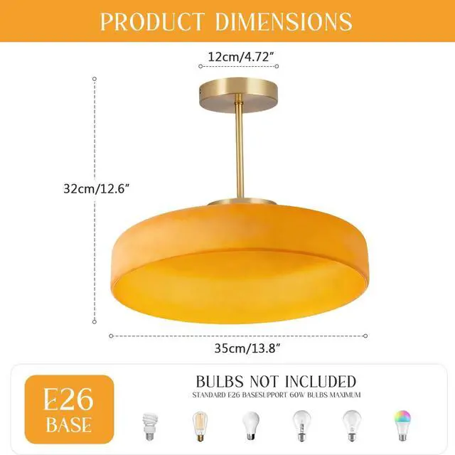Alt view image 2 of 7 - Large Semi Flush Mount Ceiling Light Fixture 13.8" Vintage Glass Ceiling Lights Orange Dome Shade Antique Gold Brass Finish Mid Century Close to Lights for Kitchen Island Hallway