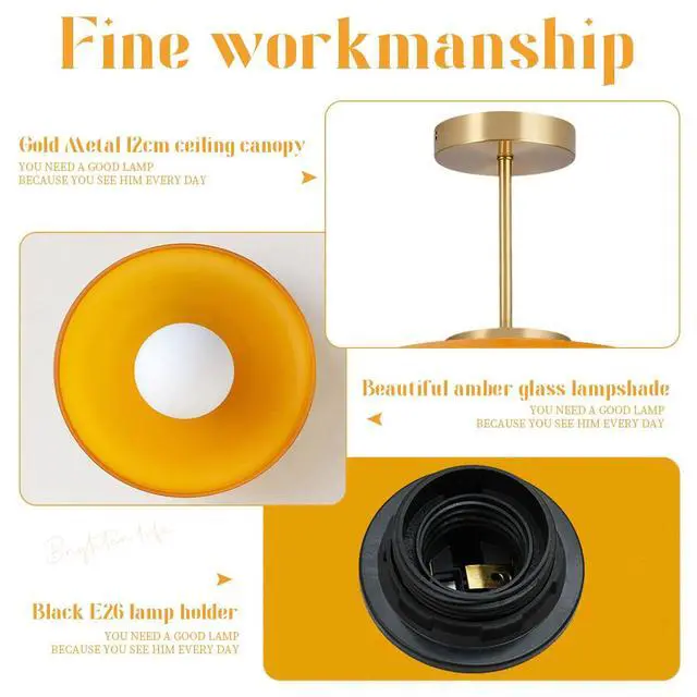 Alt view image 4 of 7 - Large Semi Flush Mount Ceiling Light Fixture 13.8" Vintage Glass Ceiling Lights Orange Dome Shade Antique Gold Brass Finish Mid Century Close to Lights for Kitchen Island Hallway