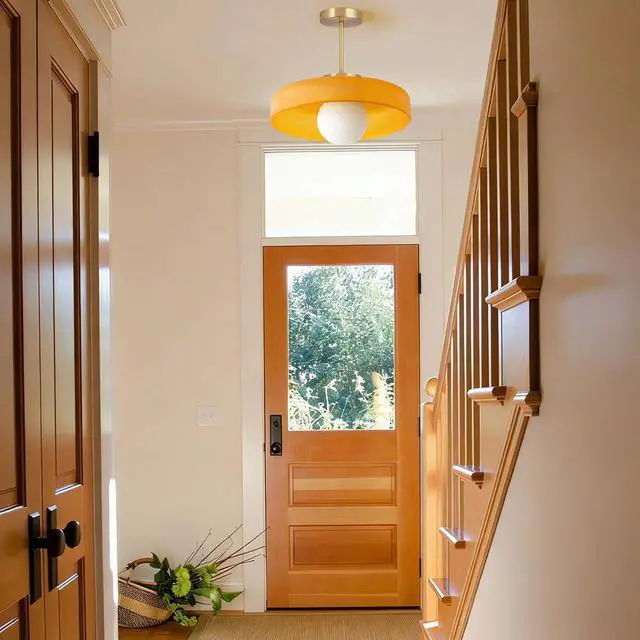 Alt view image 5 of 7 - Large Semi Flush Mount Ceiling Light Fixture 13.8" Vintage Glass Ceiling Lights Orange Dome Shade Antique Gold Brass Finish Mid Century Close to Lights for Kitchen Island Hallway