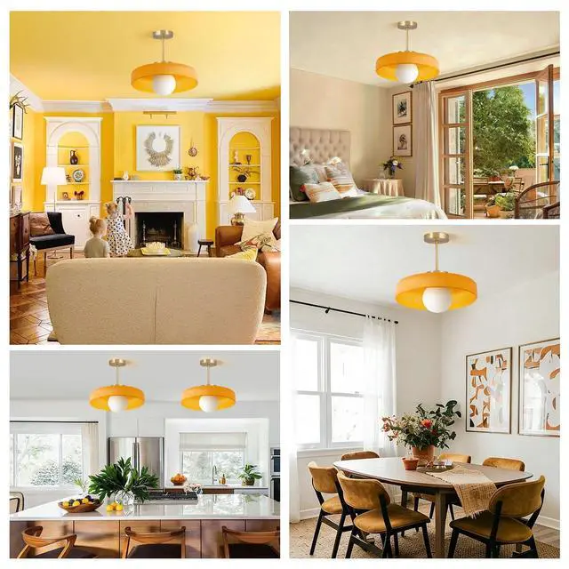 Alt view image 7 of 7 - Large Semi Flush Mount Ceiling Light Fixture 13.8" Vintage Glass Ceiling Lights Orange Dome Shade Antique Gold Brass Finish Mid Century Close to Lights for Kitchen Island Hallway