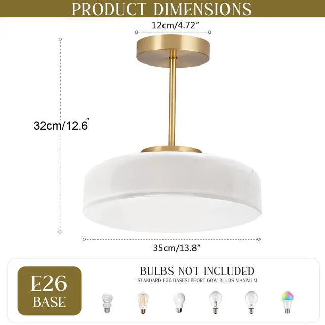 Alt view image 2 of 7 - Mid Century Ceiling Light Fixture Milk Glass Semi Flush Mount Lamp - 13.8" White Dome Shade Gold Brass Finish, Foyer Hallway Lighting Fixtures Large Modern Close to Ceiling Light