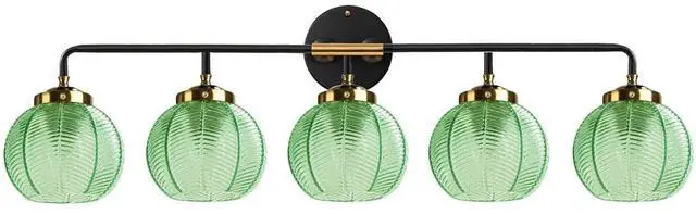 Main image of 5-Light Emerald Green Vanity Lights Unique Leaf Texture Glass Shade | Bathroom Light Fixture,Black Gold Metal Finish,E26 Base,27.2Inch Long, 5.9 Glass Shade,Over Mirror,Bedroom,Hallway,Cabinet