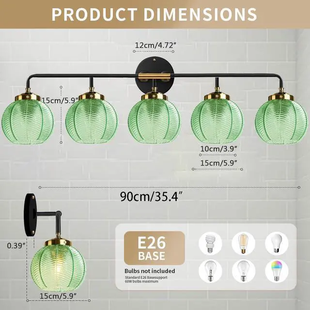 Alt view image 2 of 7 - 5-Light Emerald Green Vanity Lights Unique Leaf Texture Glass Shade | Bathroom Light Fixture,Black Gold Metal Finish,E26 Base,27.2Inch Long, 5.9 Glass Shade,Over Mirror,Bedroom,Hallway,Cabinet