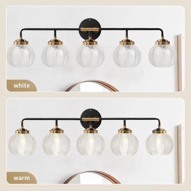 Alt view image 7 of 7 - Bathroom Vanity Light Large 27.2 Long Clear Glass Wall Lamp 5-Light | Mid Century Modern Style Vanity Lights With 5.9Inch Clear Glass Shade E26 Base,Black Gold Finish,Over Mirror Bedroom Hallway