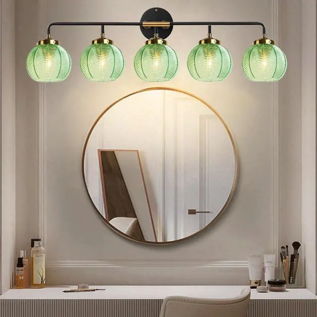 Alt view image 5 of 7 - 5-Light Emerald Green Vanity Lights Unique Leaf Texture Glass Shade | Bathroom Light Fixture,Black Gold Metal Finish,E26 Base,27.2Inch Long, 5.9 Glass Shade,Over Mirror,Bedroom,Hallway,Cabinet