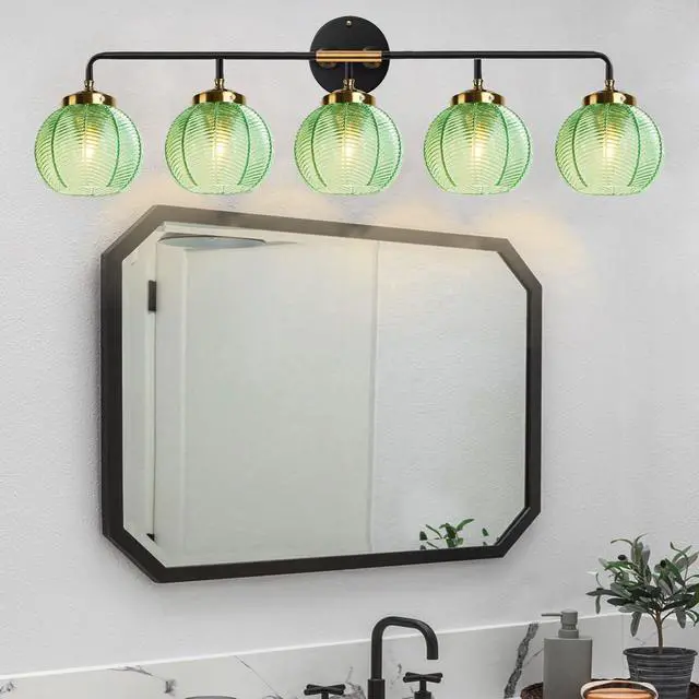 Alt view image 7 of 7 - 5-Light Emerald Green Vanity Lights Unique Leaf Texture Glass Shade | Bathroom Light Fixture,Black Gold Metal Finish,E26 Base,27.2Inch Long, 5.9 Glass Shade,Over Mirror,Bedroom,Hallway,Cabinet