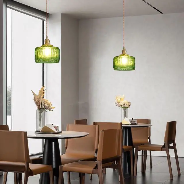 Alt view image 4 of 7 - Lighting Green Pendant Light Mid Century Modern Hanging Light with Green Striped Glass Shade Vintage Kitchen Island Pendant Lights Gold Ceiling Pendant Light for Dining Room Bedroom