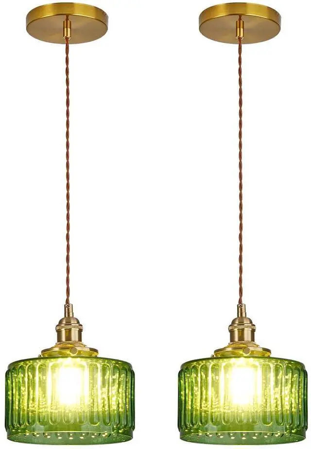 Main image of Lighting Green Pendant Light Mid Century Modern Hanging Light with Green Striped Glass Shade Vintage Kitchen Island Pendant Lights Gold Ceiling Pendant Light for Dining Room Bedroom