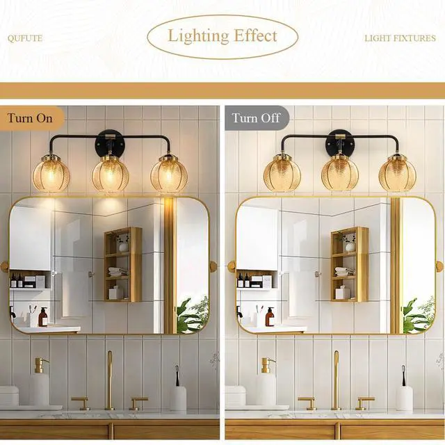 Alt view image 4 of 7 - 3 Light Glass Globe Wall Sconce Lights Amber Mid Century Modern Wall Light Fixtures Bathroom Vanity Lights with Ribbed Glass Shade Black Gold Wall Mount Lamp Over Mirror Bedroom