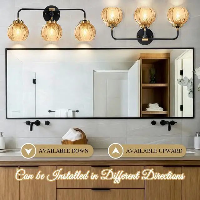 Alt view image 5 of 7 - 3 Light Glass Globe Wall Sconce Lights Amber Mid Century Modern Wall Light Fixtures Bathroom Vanity Lights with Ribbed Glass Shade Black Gold Wall Mount Lamp Over Mirror Bedroom