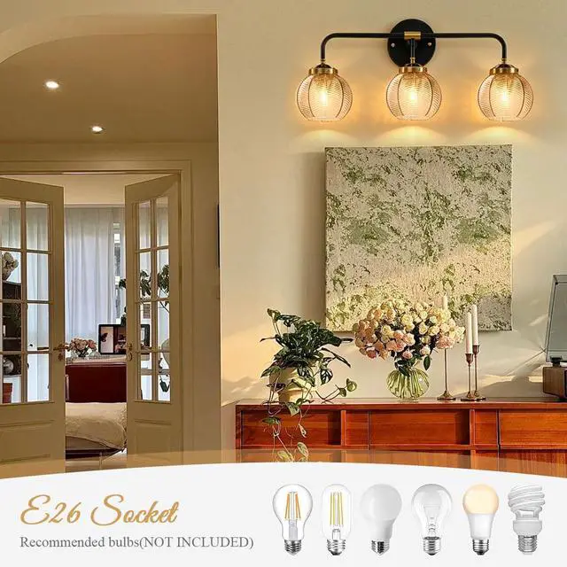 Alt view image 6 of 7 - 3 Light Glass Globe Wall Sconce Lights Amber Mid Century Modern Wall Light Fixtures Bathroom Vanity Lights with Ribbed Glass Shade Black Gold Wall Mount Lamp Over Mirror Bedroom
