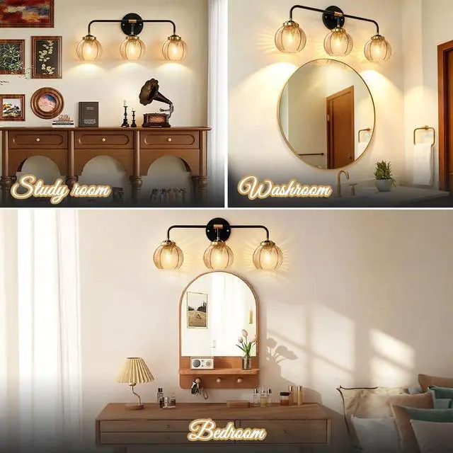 Alt view image 7 of 7 - 3 Light Glass Globe Wall Sconce Lights Amber Mid Century Modern Wall Light Fixtures Bathroom Vanity Lights with Ribbed Glass Shade Black Gold Wall Mount Lamp Over Mirror Bedroom