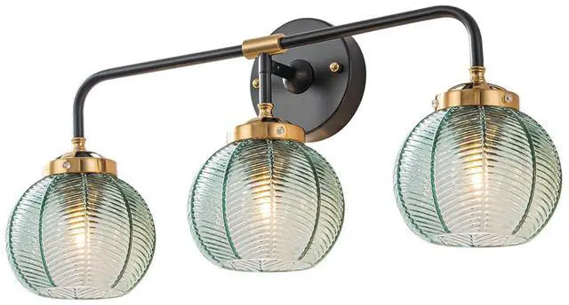 Main image of 3 Light Bathroom Vanity Light Fixture, Modern Glass Globe Wall Sconce with Ribbed Green Shade, Vintage Wall Lamp for Over Mirror, Bedroom, Hallway, Living Room, 23.6x7.9 inches
