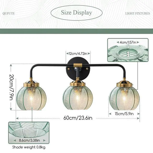 Alt view image 2 of 7 - 3 Light Bathroom Vanity Light Fixture, Modern Glass Globe Wall Sconce with Ribbed Green Shade, Vintage Wall Lamp for Over Mirror, Bedroom, Hallway, Living Room, 23.6x7.9 inches