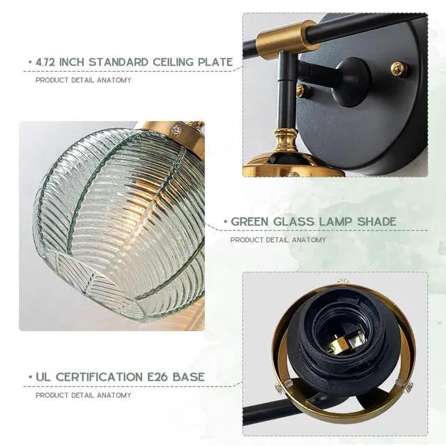 Alt view image 3 of 7 - 3 Light Bathroom Vanity Light Fixture, Modern Glass Globe Wall Sconce with Ribbed Green Shade, Vintage Wall Lamp for Over Mirror, Bedroom, Hallway, Living Room, 23.6x7.9 inches