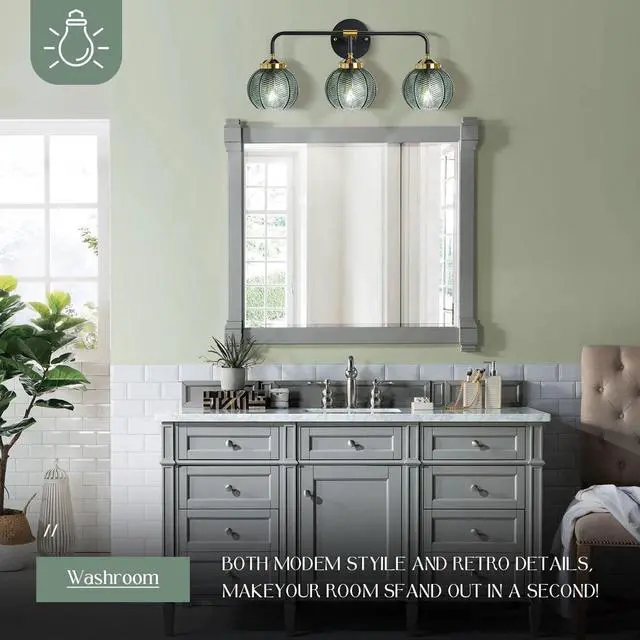 Alt view image 5 of 7 - 3 Light Bathroom Vanity Light Fixture, Modern Glass Globe Wall Sconce with Ribbed Green Shade, Vintage Wall Lamp for Over Mirror, Bedroom, Hallway, Living Room, 23.6x7.9 inches