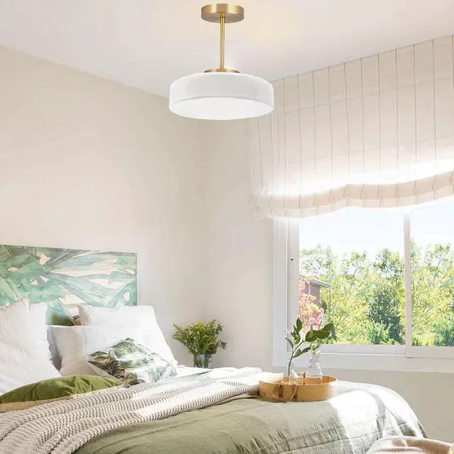 Alt view image 5 of 7 - Mid Century Ceiling Light Fixture Milk Glass Semi Flush Mount Lamp - 13.8" White Dome Shade Gold Brass Finish, Foyer Hallway Lighting Fixtures Large Modern Close to Ceiling Light