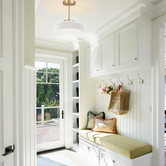 Alt view image 6 of 7 - Mid Century Ceiling Light Fixture Milk Glass Semi Flush Mount Lamp - 13.8" White Dome Shade Gold Brass Finish, Foyer Hallway Lighting Fixtures Large Modern Close to Ceiling Light