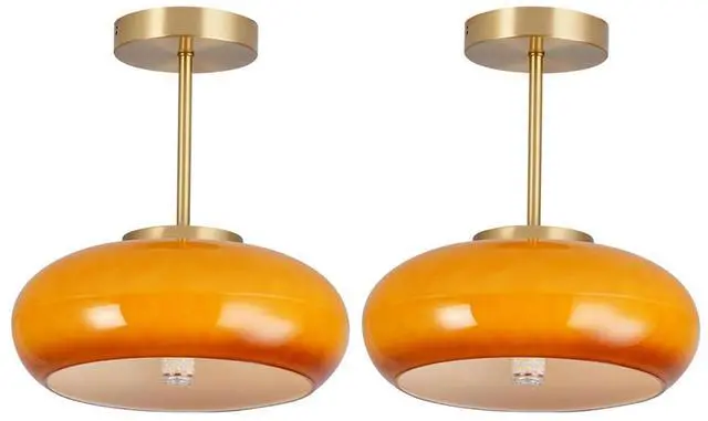 Main image of Semi Flush Mount Ceiling Light Gold 1-Light Ceiling Close to Ceiling Light Fixtures with Orange Dome Glass Shade, Glass Semi Flush Mount Lamp for Hallway Dining Room