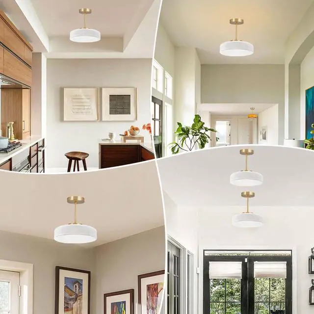 Alt view image 7 of 7 - Mid Century Ceiling Light Fixture Milk Glass Semi Flush Mount Lamp - 13.8" White Dome Shade Gold Brass Finish, Foyer Hallway Lighting Fixtures Large Modern Close to Ceiling Light