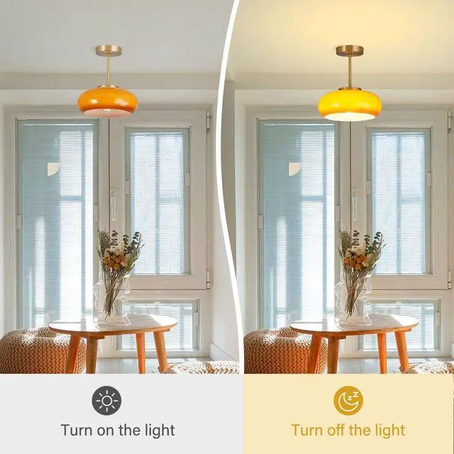 Alt view image 4 of 7 - Semi Flush Mount Ceiling Light Gold 1-Light Ceiling Close to Ceiling Light Fixtures with Orange Dome Glass Shade, Glass Semi Flush Mount Lamp for Hallway Dining Room