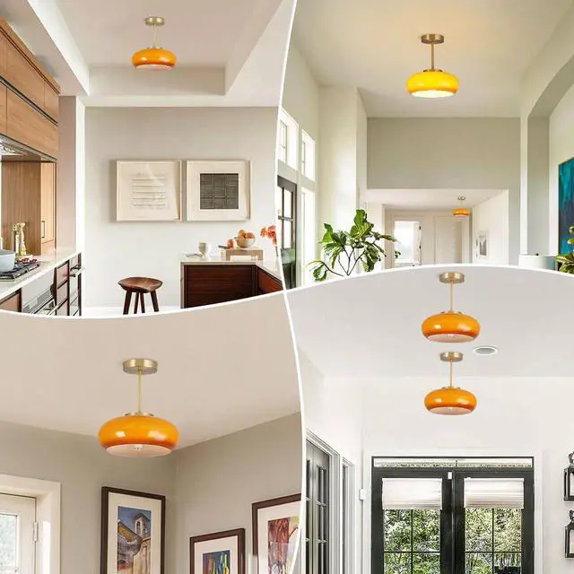 Alt view image 5 of 7 - Semi Flush Mount Ceiling Light Gold 1-Light Ceiling Close to Ceiling Light Fixtures with Orange Dome Glass Shade, Glass Semi Flush Mount Lamp for Hallway Dining Room