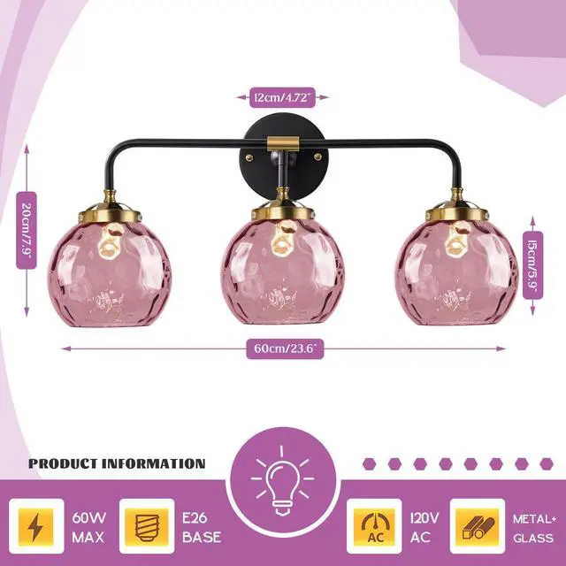 Alt view image 2 of 7 - 3-Lights Vintage Bathroom Vanity Light Fixture Pink Glass Globe Wall Sconce Hammer Glass Shade Modern Retro Vanity Lamp Bathroom Over Mirror Sconces for Hallway Living Room Stairwell