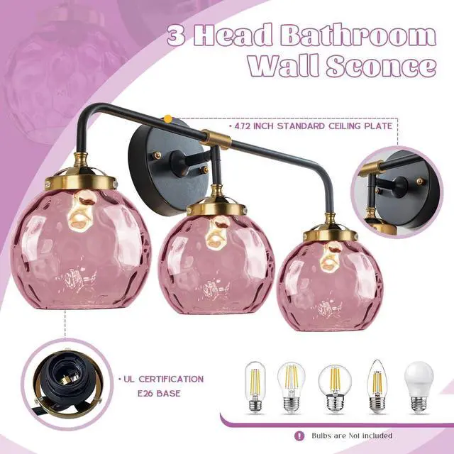 Alt view image 3 of 7 - 3-Lights Vintage Bathroom Vanity Light Fixture Pink Glass Globe Wall Sconce Hammer Glass Shade Modern Retro Vanity Lamp Bathroom Over Mirror Sconces for Hallway Living Room Stairwell