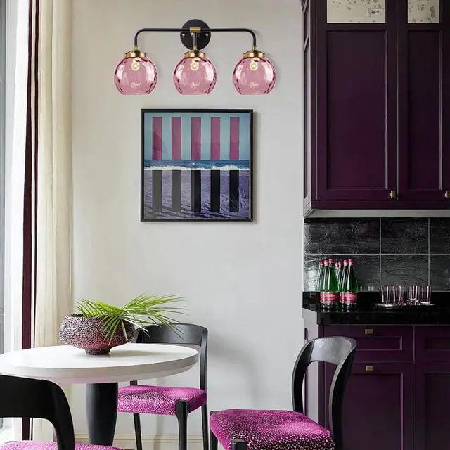 Alt view image 5 of 7 - 3-Lights Vintage Bathroom Vanity Light Fixture Pink Glass Globe Wall Sconce Hammer Glass Shade Modern Retro Vanity Lamp Bathroom Over Mirror Sconces for Hallway Living Room Stairwell