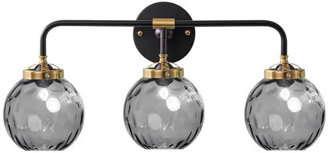 Main image of 3 Light Mid Century Modern Wall Sconce Vanity Light Fixture Smoky Grey Glass Globe Shade Postmodern Bathroom Light Fixtures Black Vanity Light for Over Mirror Hallway Living Room