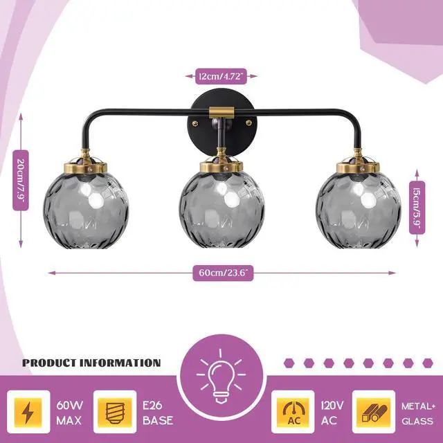 Alt view image 2 of 7 - 3 Light Mid Century Modern Wall Sconce Vanity Light Fixture Smoky Grey Glass Globe Shade Postmodern Bathroom Light Fixtures Black Vanity Light for Over Mirror Hallway Living Room