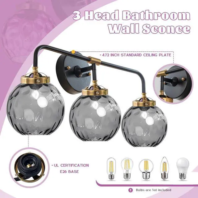 Alt view image 3 of 7 - 3 Light Mid Century Modern Wall Sconce Vanity Light Fixture Smoky Grey Glass Globe Shade Postmodern Bathroom Light Fixtures Black Vanity Light for Over Mirror Hallway Living Room