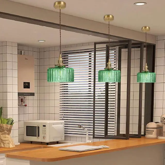 Alt view image 5 of 7 - Lighting Green Pendant Light Mid Century Modern Hanging Light with Green Striped Glass Shade Vintage Kitchen Island Pendant Lights Gold Ceiling Pendant Light for Dining Room Bedroom