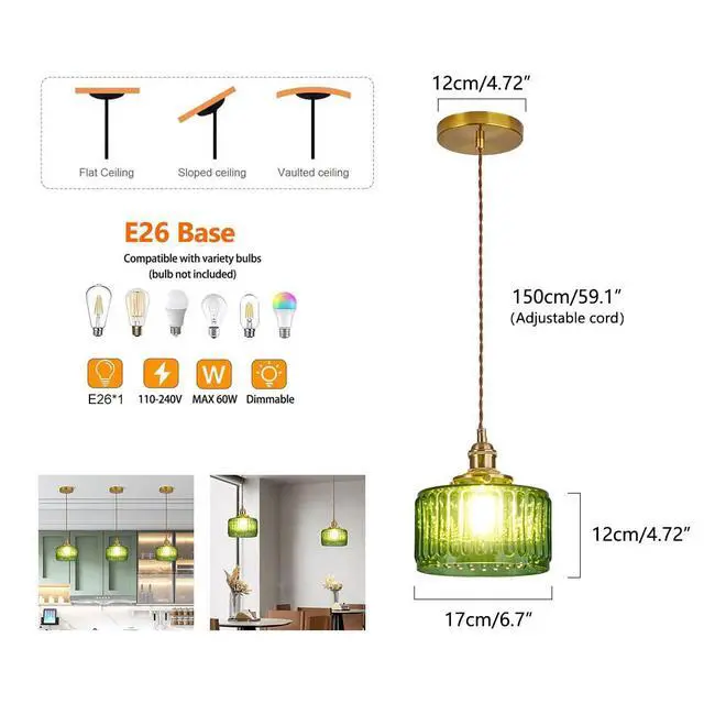Alt view image 2 of 7 - Small Pendant Light Fixtures One-Light Mid Century Ceiling Hanging Light Green Striped Glass Shade Gold Pendant Lamp for Living Room Bedroom Dining Room Hallway (Green) (A)