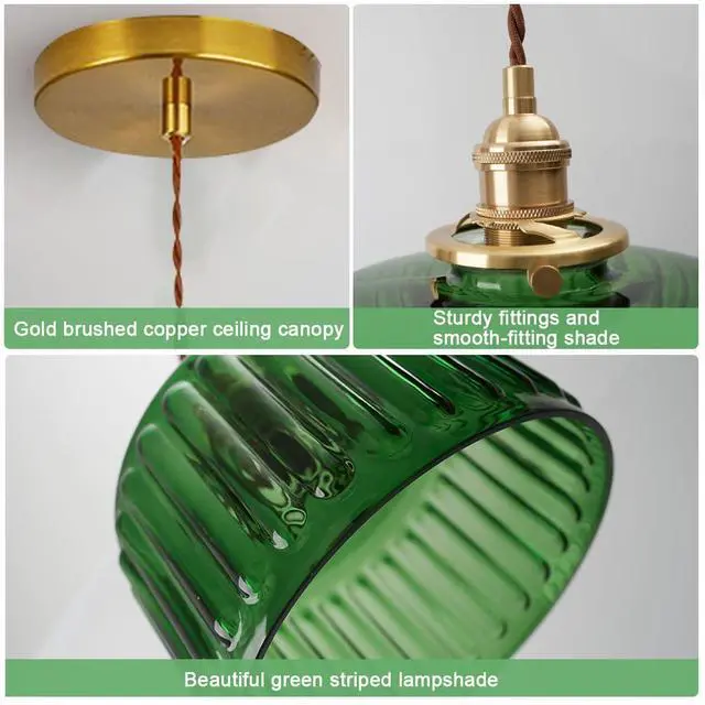 Alt view image 3 of 7 - Small Pendant Light Fixtures One-Light Mid Century Ceiling Hanging Light Green Striped Glass Shade Gold Pendant Lamp for Living Room Bedroom Dining Room Hallway (Green) (A)